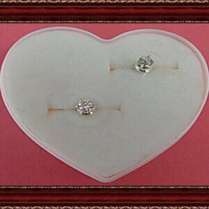 Silver Tone Stud Earrings With Clear Crystals & Pink Heart Box